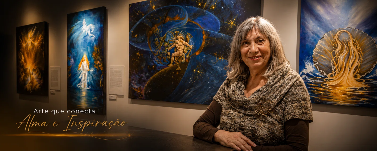 Françoise Terseur na galeria, rodeada pelas suas pinturas